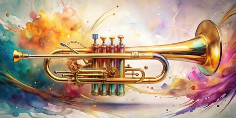 A Vibrant Golden Trumpet with Colorful Accents Against an Abstract Watercolor Background