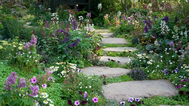 rock path leading through a flower garden