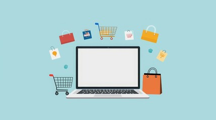 A laptop surrounded by shopping carts and bags, symbolizing online shopping.