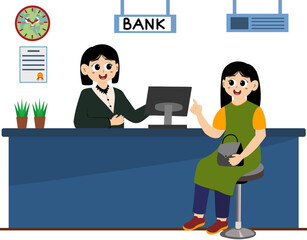 Vector illustration of a bank day. Bank card or credit application. Banking Service Set, Bank Managers and Clients, People Standing at the Bank Office and Making Financial Operations  Illustration