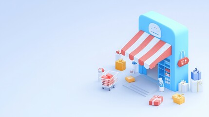 Obraz premium A colorful 3D illustration of a small shop with a shopping cart and gifts outside.