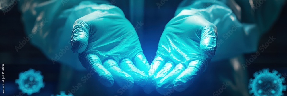 Fototapete Protective mask and gloves presented with fading virus illustrations in an abstract environment. Generative AI