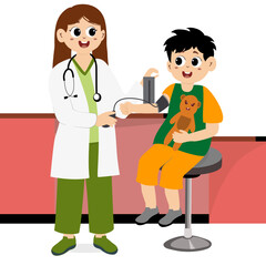 Little kid measuring his blood pressure with a doctor. Healthy lifestyle Flat vector illustration isolated on white background. Happy hypertension day
