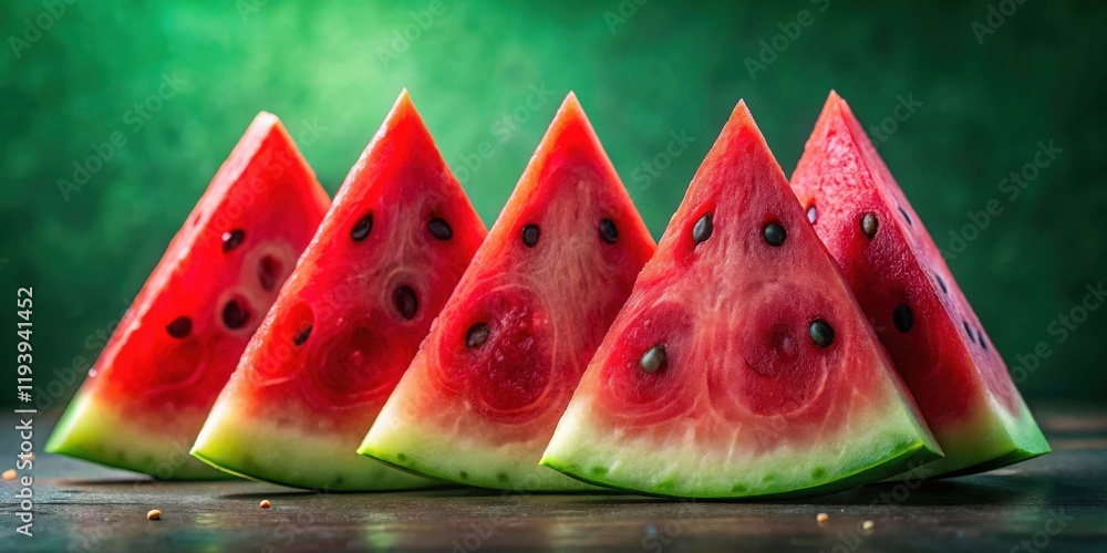 Poster four juicy watermelon slices arranged in a row on a dark surface against a green background