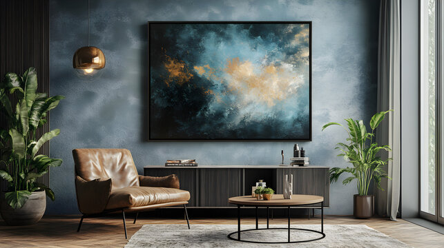 dise&ntilde;o de interiores de una sala de casa moderna minimalista y elegante con cuadro decorativo de una pintura en acuarela con muebles y plantas 