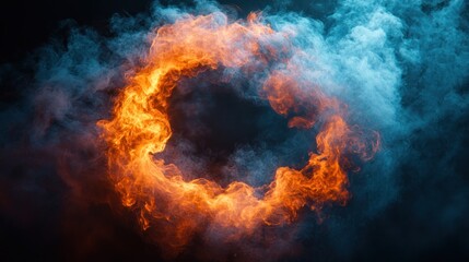 Fiery ring of fire and smoke abstract, dark background, energy concept, design element