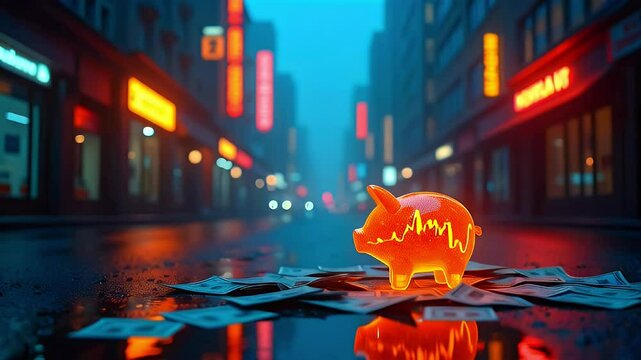 A glowing piggy bank on scattered money, symbolizing finance and investment in a city setting.