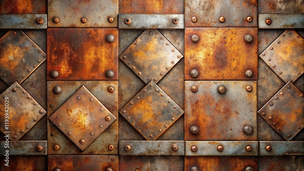 Poster rustic metal panel background with geometric design and rivets