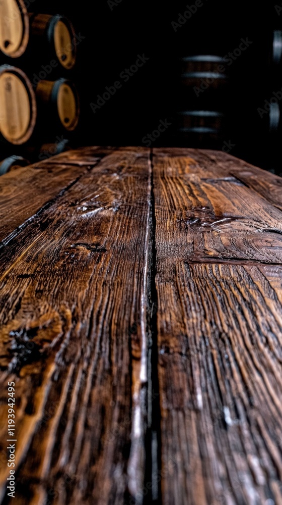 Poster rustic wooden tabletop wine barrels background empty space product display