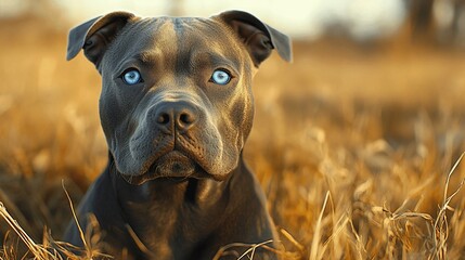 Blue-eyed Pit Bull Terrier in dry grass field.