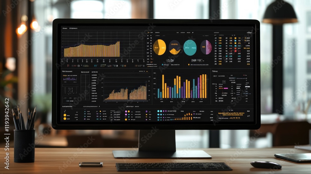 Poster A modern digital financial dashboard with interactive charts, graphs, and data visualizations for financial analysis.