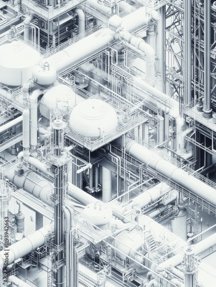 Poster geometric industrial pattern illustrating interconnected oil tanks, pipes, and rigs in a complex net