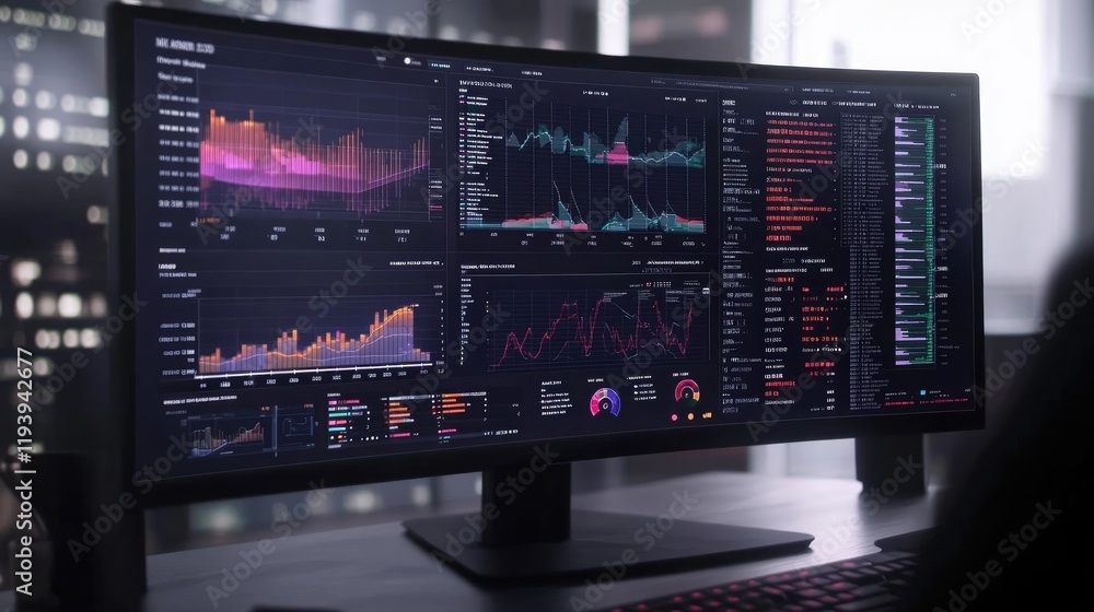 Poster A modern digital financial dashboard with interactive charts, graphs, and data visualizations for financial analysis.