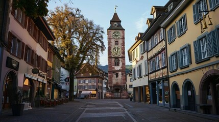 Obraz premium A picturesque town square featuring a historic clock tower surrounded by charming buildings.