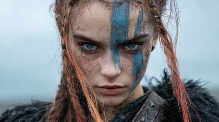 Close-up portrait of a warrior woman with blue war paint