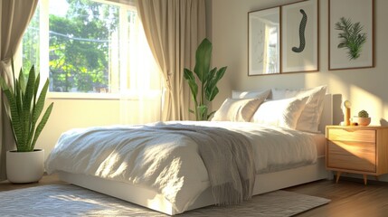 Sunlit Bedroom Sanctuary: Minimalist Design and Tranquil Atmosphere