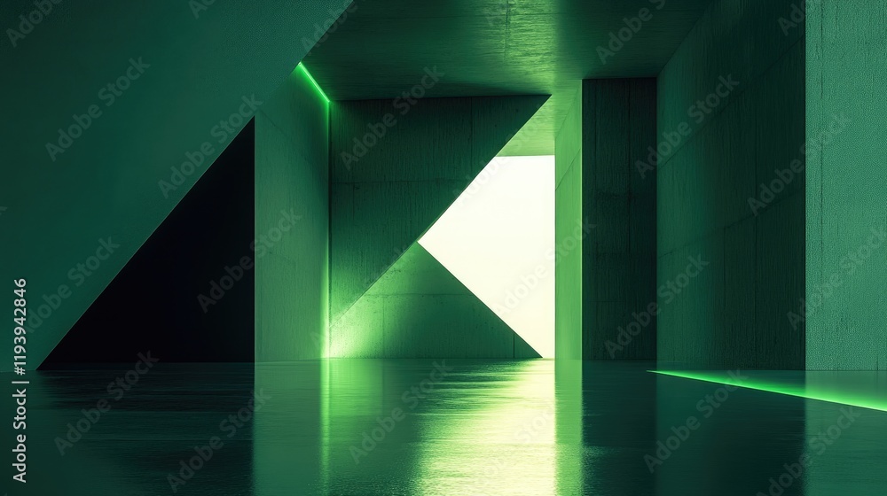 Aufkleber A modern geometric structure with empty walls and glowing green light reflecting off the surface, symbolizing minimalism and innovative design
