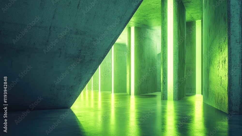 Poster a modern geometric structure with empty walls and glowing green light reflecting off the surface, sy
