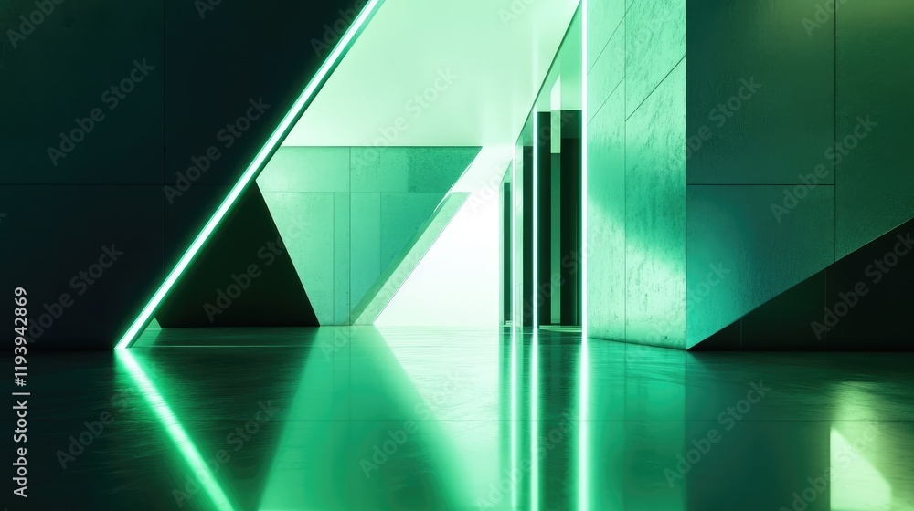Poster A modern geometric structure with empty walls and glowing green light reflecting off the surface, symbolizing minimalism and innovative design