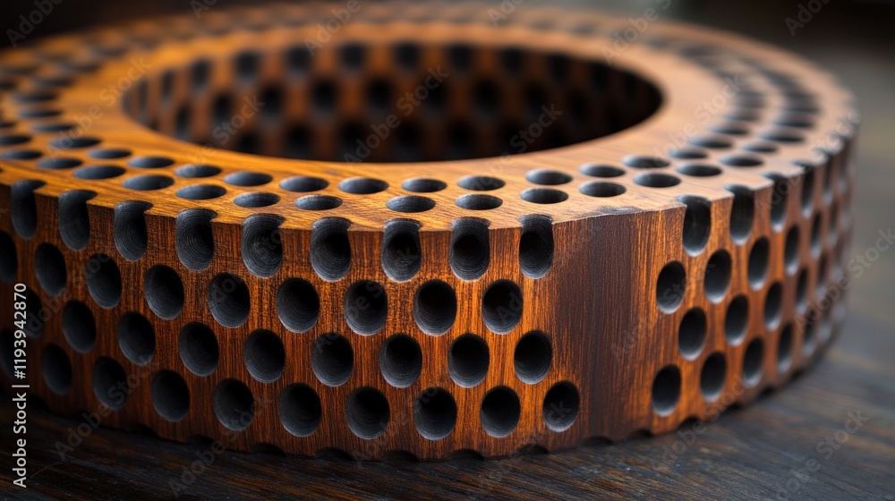 Aufkleber close-up view of a round decorative wooden object featuring intricate circular holes and unique text