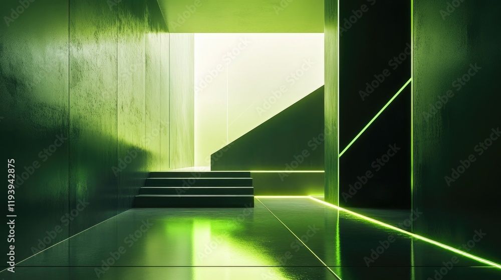 Poster A modern geometric structure with empty walls and glowing green light reflecting off the surface, symbolizing minimalism and innovative design