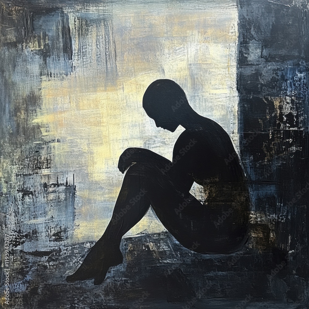 Leinwandbilder person sitting in shadow surrounded by abstract elements depicting mental turmoil and emotion in a r