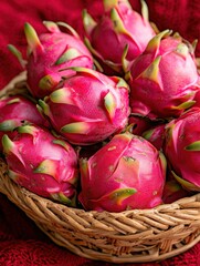 Close-up of a wicker basket full of ripe dragon fruits