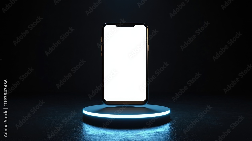 Poster A modern smartphone with a blank screen on an illuminated pedestal, surrounded by a dark backdrop, symbolizing high-tech and minimalistic design