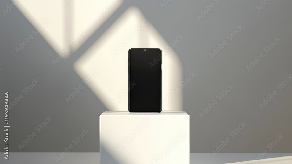 Poster a modern smartphone placed on a white podium in a minimalist exhibition space under bright lighting,