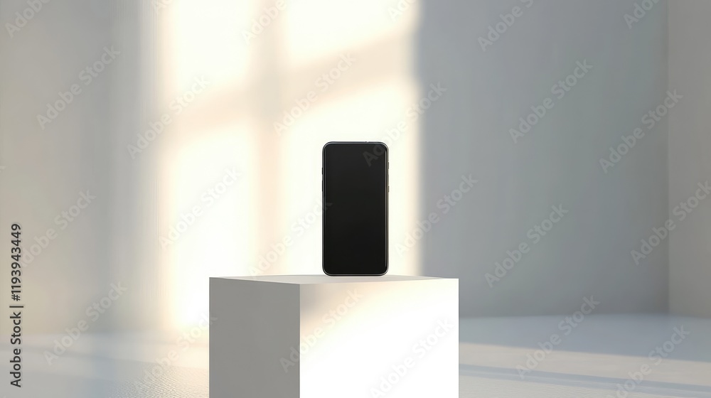 Poster a modern smartphone placed on a white podium in a minimalist exhibition space under bright lighting,