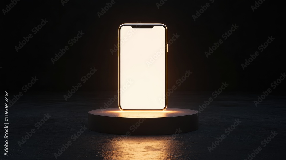 Poster A modern smartphone with a blank screen on an illuminated pedestal, surrounded by a dark backdrop, symbolizing high-tech and minimalistic design