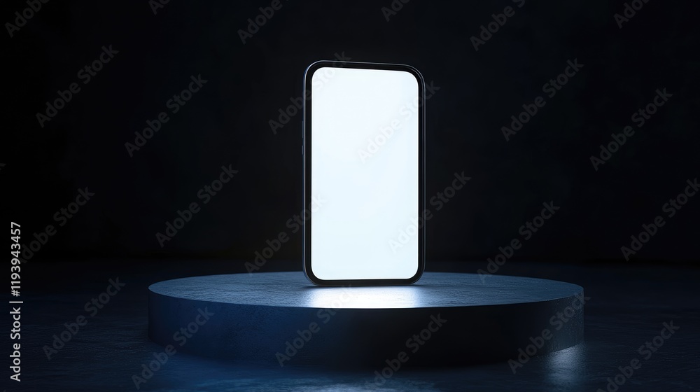 Aufkleber a modern smartphone with a blank screen on an illuminated pedestal, surrounded by a dark backdrop, s