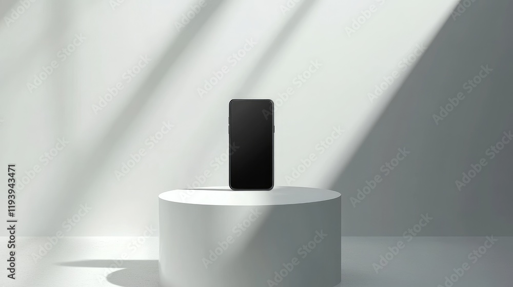 Poster a modern smartphone placed on a white podium in a minimalist exhibition space under bright lighting,