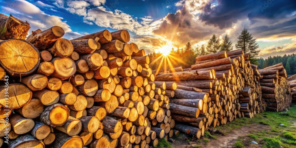 Poster Golden Hour Lumber Stack  A scenic view of neatly piled logs basking in the warm glow of a setting sun against a vibrant sky.