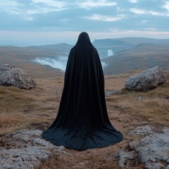 Mysterious figure in black robe overlooking a vast landscape