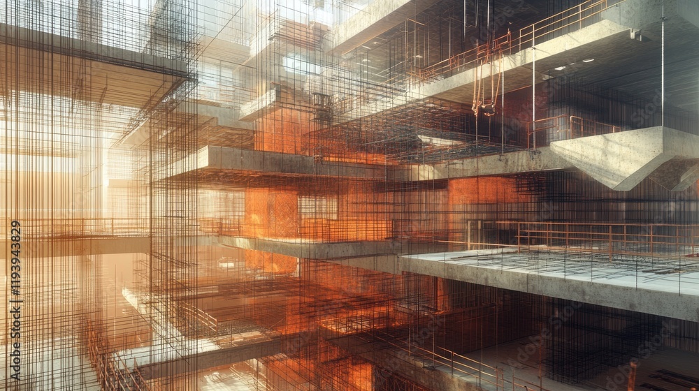 Poster a multi-level construction site with safety nets and structural beams, ideal for articles on urban d