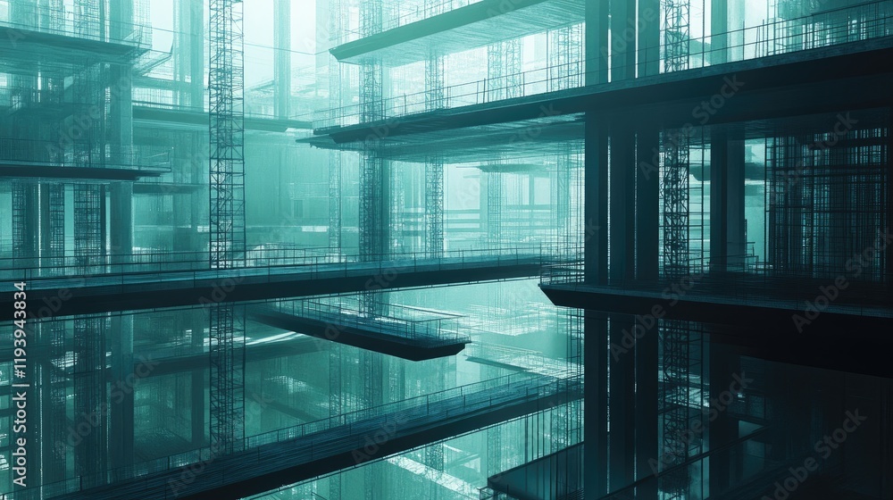 Poster a multi-level construction site with safety nets and structural beams, ideal for articles on urban d