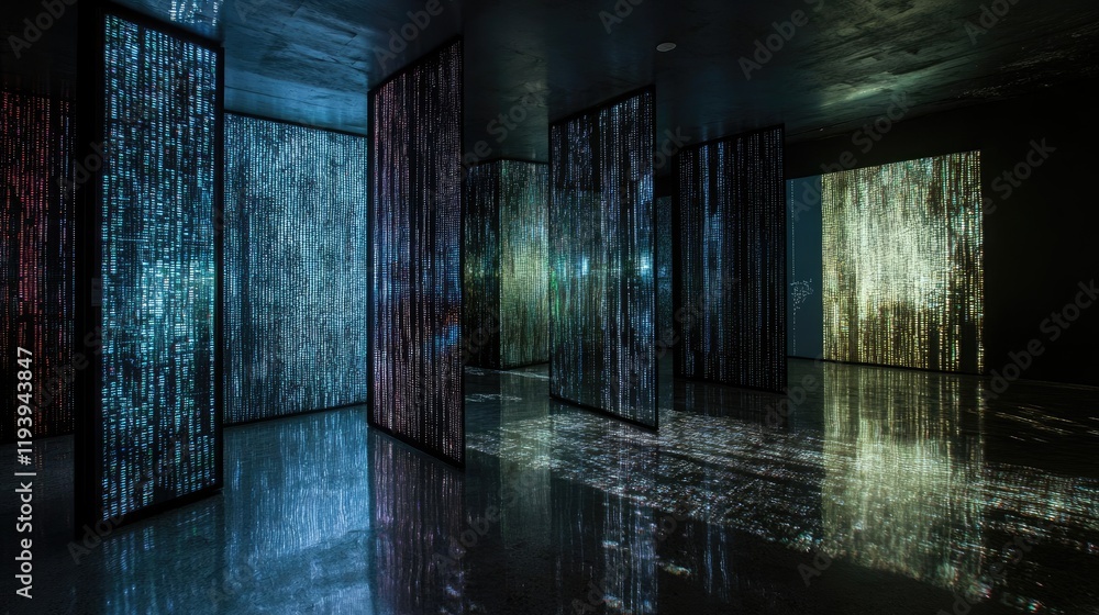 Poster a mysterious dark screen room with reflections on the floor, symbolizing themes of data security, ne
