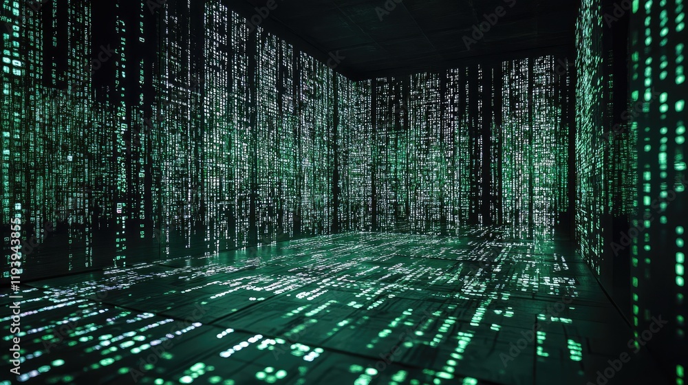 Poster a mysterious dark screen room with reflections on the floor, symbolizing themes of data security, ne