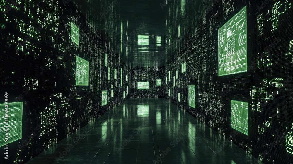 Poster A mysterious dark screen room with reflections on the floor, symbolizing themes of data security, news leaks, and privacy breaches.