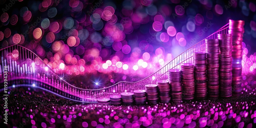 Poster financial growth represented by stacked coins ascending a graph against a sparkling background