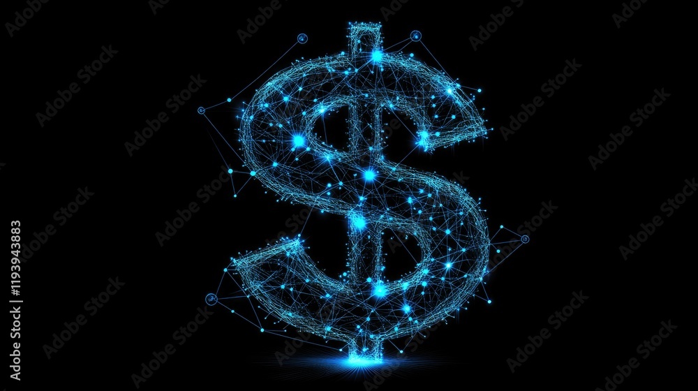 Poster a neon glowing dollar sign with interconnected lines and blue dots on a dark background, representin