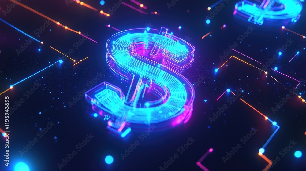Poster a neon glowing dollar sign with interconnected lines and blue dots on a dark background, representin