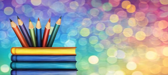Fototapeta premium Back to School Vibrant Colored Pencils Resting on Books with a Dreamy Bokeh Background