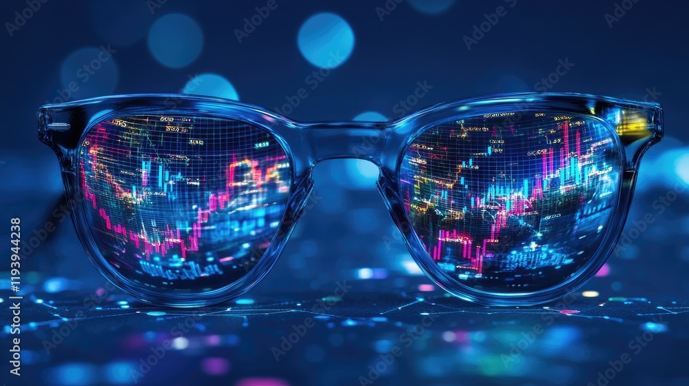 Poster a pair of glasses with financial charts and graphs projected onto them, set against a blue backgroun
