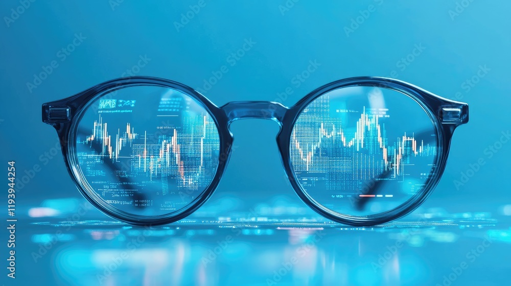 Poster a pair of glasses with financial charts and graphs projected onto them, set against a blue backgroun