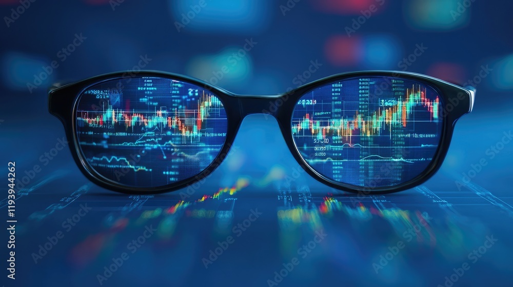 Poster a pair of glasses with financial charts and graphs projected onto them, set against a blue backgroun