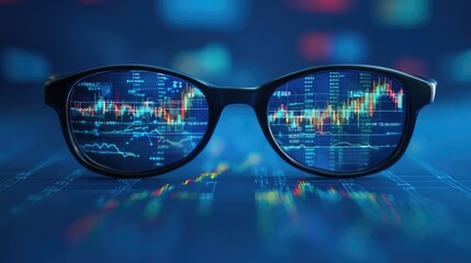 A pair of glasses with financial charts and graphs projected onto them, set against a blue background, symbolizing the future of finance and tech