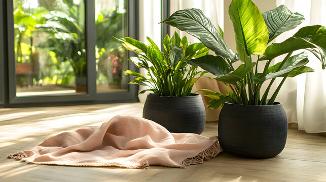 un cuarto o habitacion decorada con macetas negras y plantas verdes naturales junto a un ventanal y una manta para relajarse 