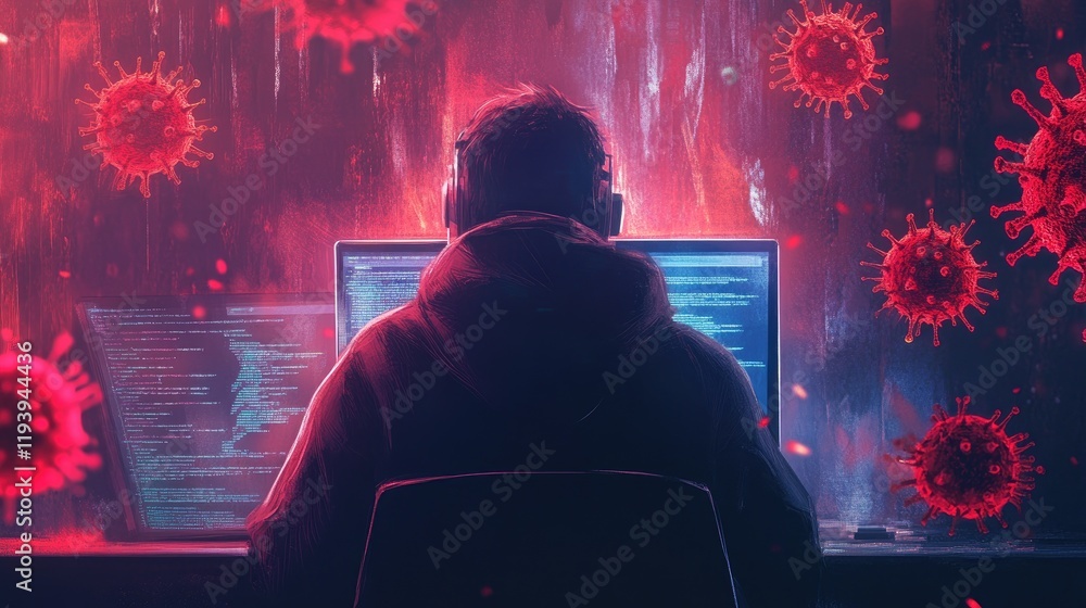 Aufkleber A person in front of a laptop, with virus alerts and cybersecurity coding errors on the screen, highlighting the importance of digital security measures